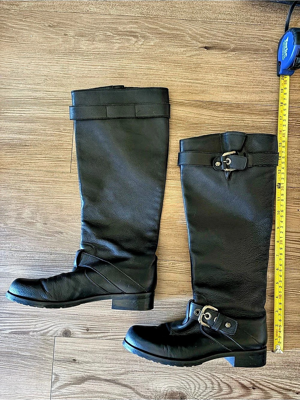 Stuart Weitzman Black Leather Knee-High Moto Boots, Buckle Detail, Size 6 M